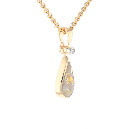 Gold Quartz Pendant Tear Drop Inlaid Design with .02ct Diamond