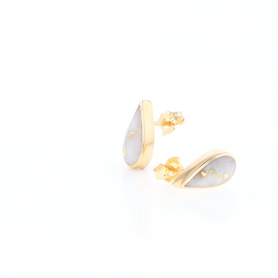 Gold Quartz Earrings Tear Drop Inlaid Studs