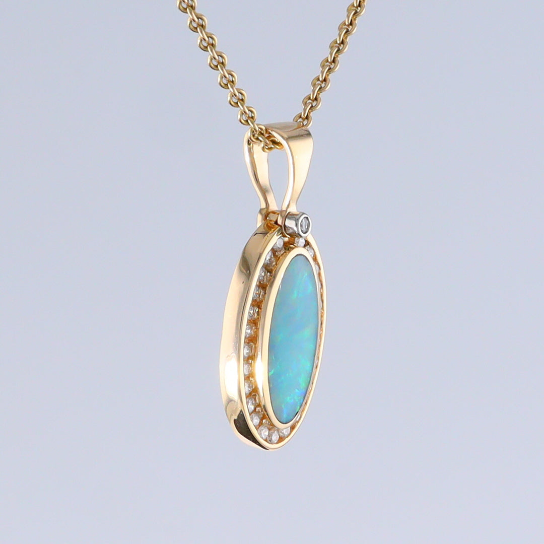 Opal Pendant Oval Inlaid Design with .37ctw Round Diamonds Halo