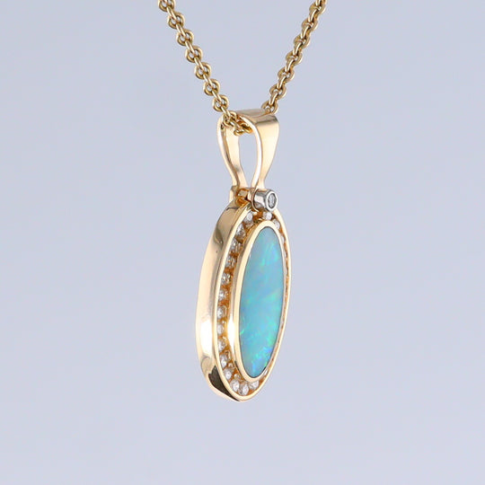 Opal Pendant Oval Inlaid Design with .37ctw Round Diamonds Halo