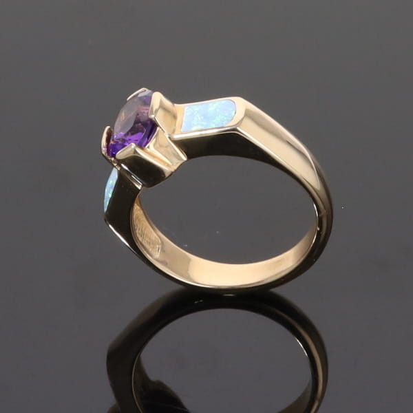 Opal Rings 2 Section Inlaid Design with Oval Amethyst Center