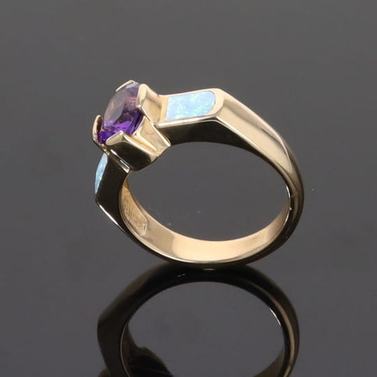 Opal Rings 2 Section Inlaid Design with Oval Amethyst Center