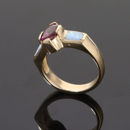 Opal Rings 2 Section Inlaid Design with Oval Pink Tourmaline