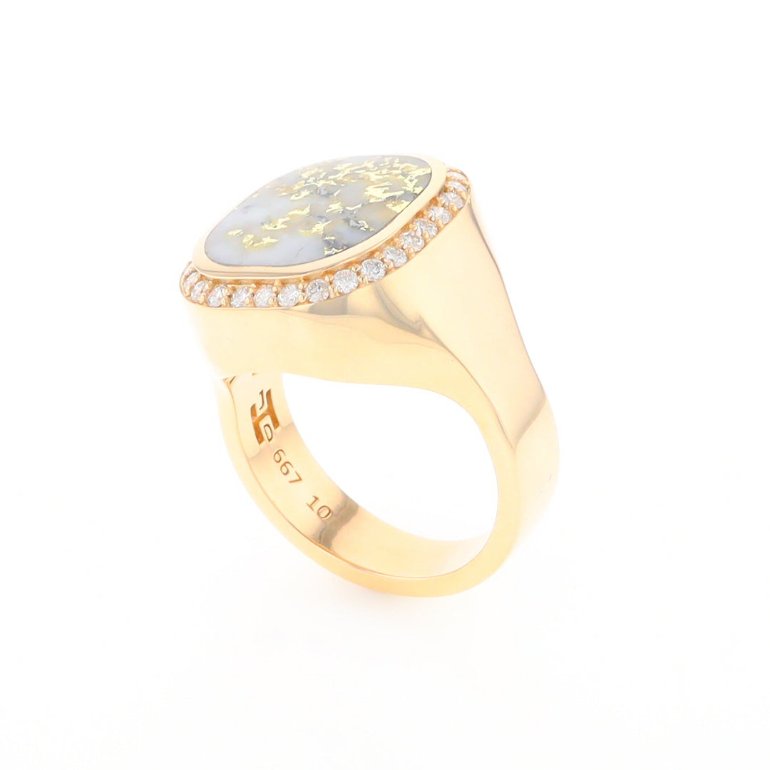 Gold Quartz Cushion Inlaid Men's Ring with Diamond Halo