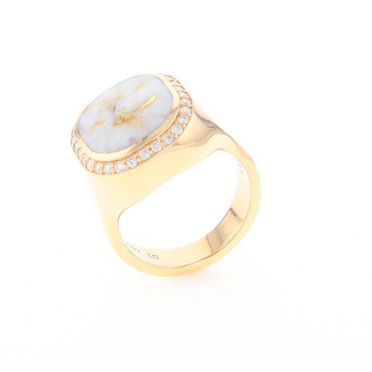 Gold Quartz Cushion Inlaid Men's Ring with Diamond Halo