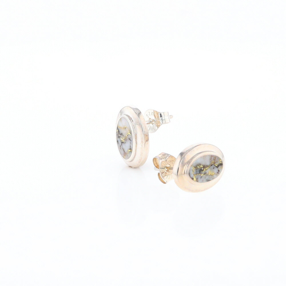 Sterling Silver Gold Quartz Inlaid Oval Stud Earrings - G3