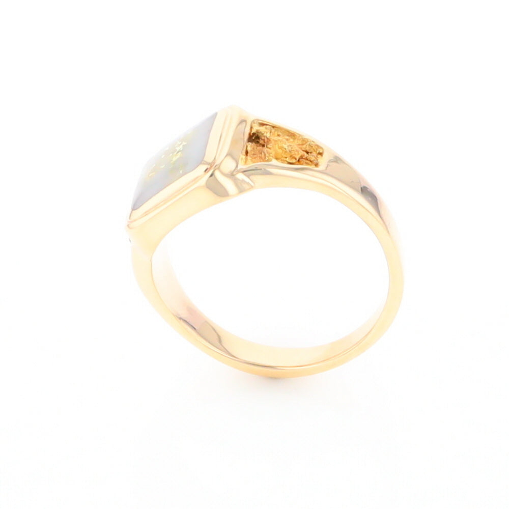 Gold Quartz Ring Square Inlaid Center Design with Natural Nugget Sides