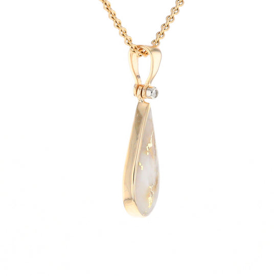 Gold Quartz Necklace Tear Drop Inlaid Pendant with .02ct Diamond