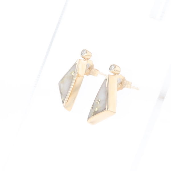 Gold Quartz Earrings Triangle Shape Inlaid with .04ct Round Diamonds - G2