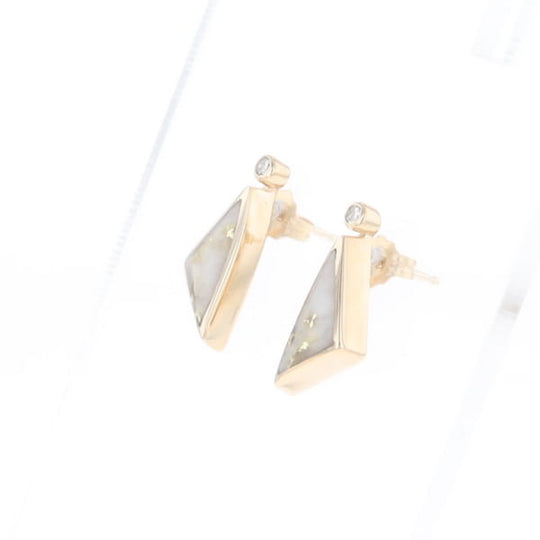 Gold Quartz Earrings Triangle Shape Inlaid with .04ct Round Diamonds - G2