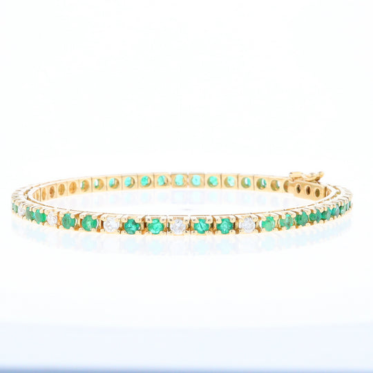 14Kt Yellow Gold Emeralds & Diamond Accent Tennis Bracelet