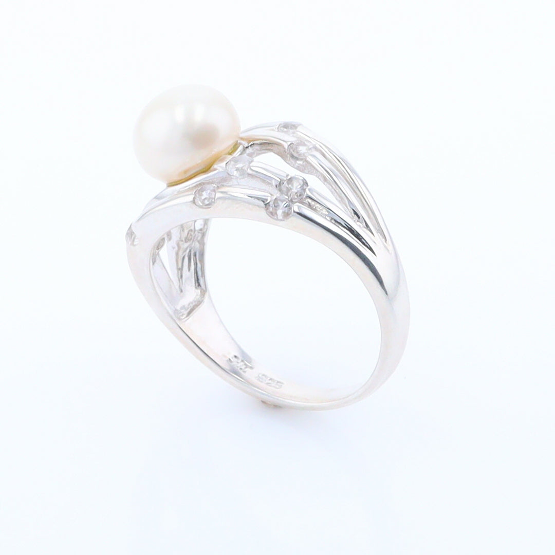 Pearl Bamboo Ring with Cubic Zirconia Accents