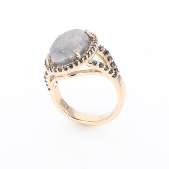 Meteorite Ring Oval Cabochon 0.65ctw Round Black Diamonds Halo