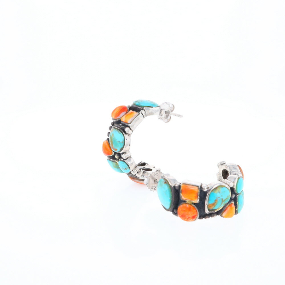 Turquoise & Spiny Oyster Semi-Hoop Stud Earrings