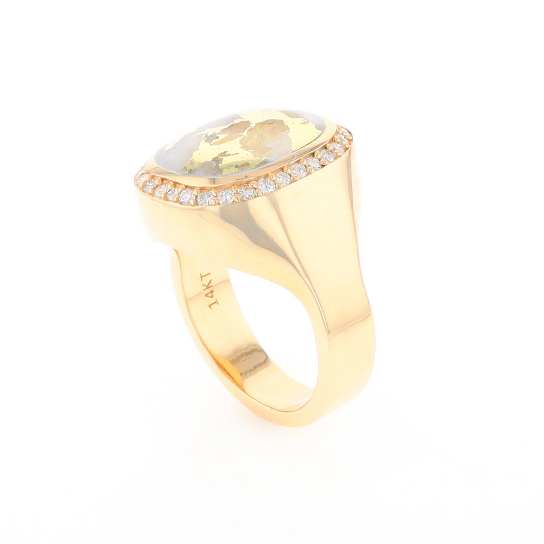 Gold Quartz Cushion Inlaid Men's Ring with Diamond Halo