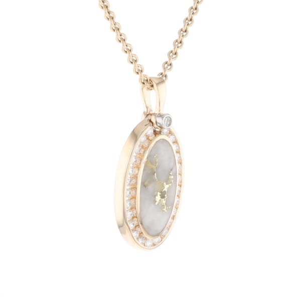 Gold Quartz Necklace .37ctw Halo Diamond Oval Inlaid Pendant