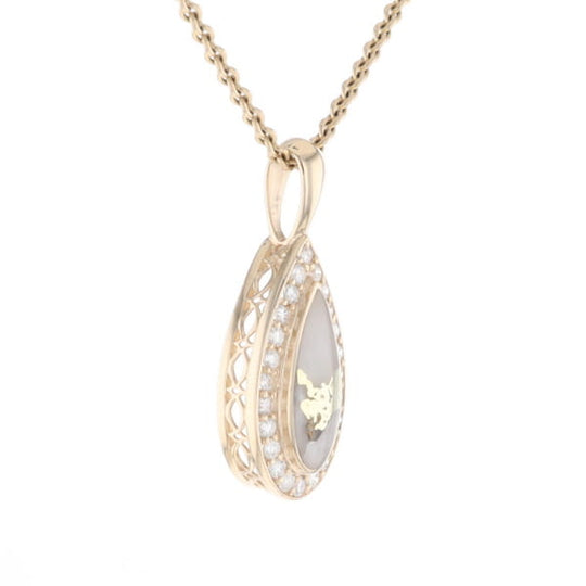 Gold Quartz Pendant Tear Drop Inlaid .42ctw Diamond Halo Design