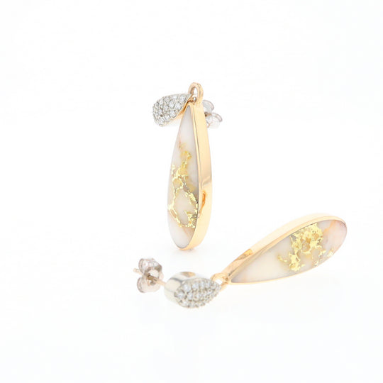 Gold Quartz Earrings, Tear Drop Inlaid with .22ctw Diamond Pave Design