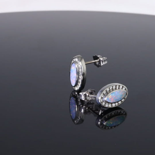 Opal Earrings Oval Inlaid with .25ctw Round Diamond Halo Studs