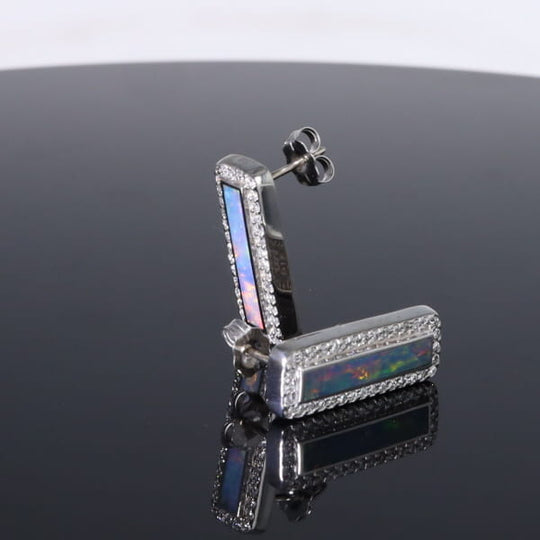 Opal Earrings Rectangle Inlaid with .50ctw Round Diamond Halo Studs