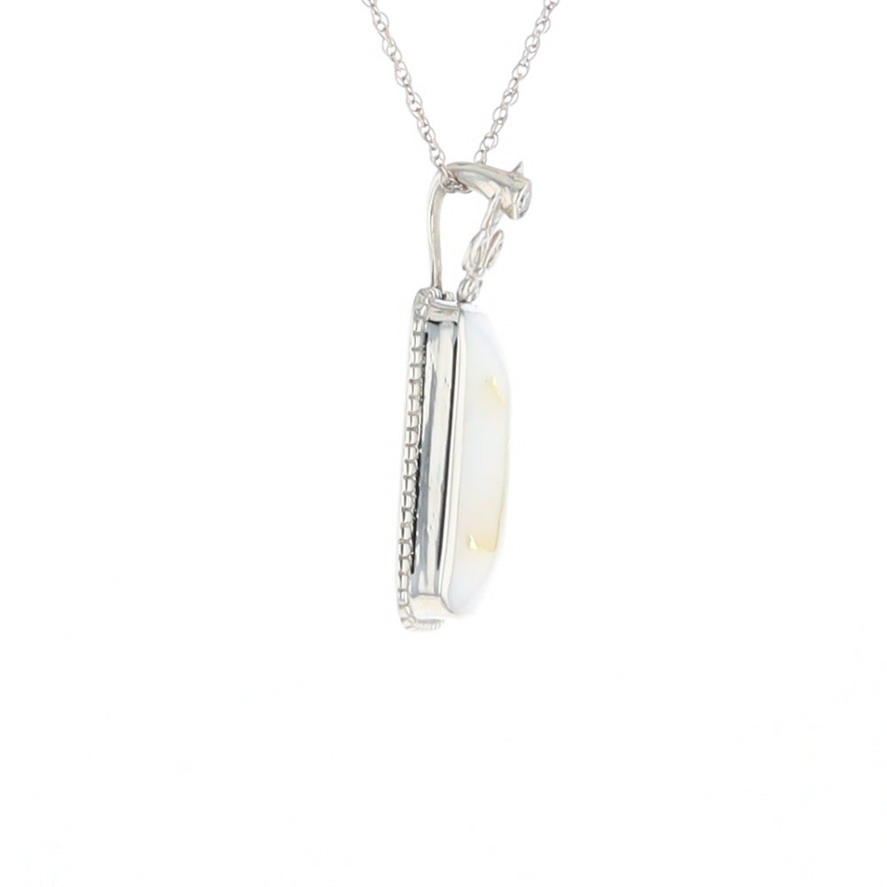 Gold Quartz Necklace, Rectangle Inlaid Fleur De Lis Design with .02ctw Diamond Pendant