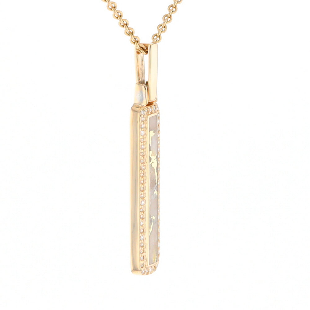 Gold Quartz Necklace, Rectangle Inlaid, .27ctw Diamond Halo Pendant