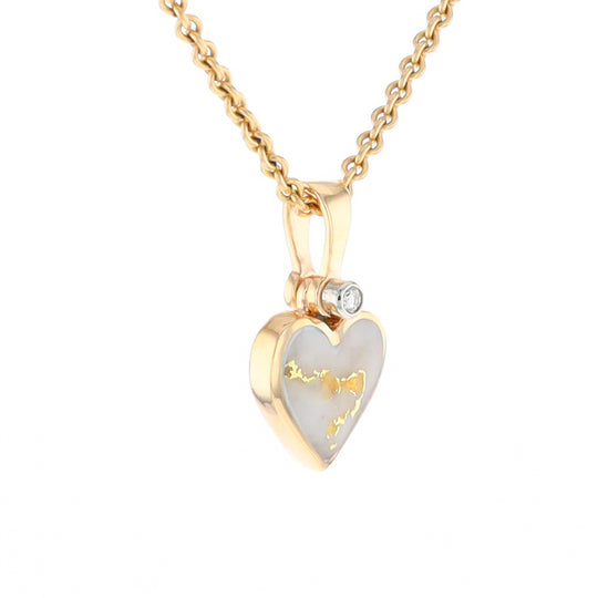 Gold Quartz Necklace Heart Inlaid Design Pendant with .02ct Diamond