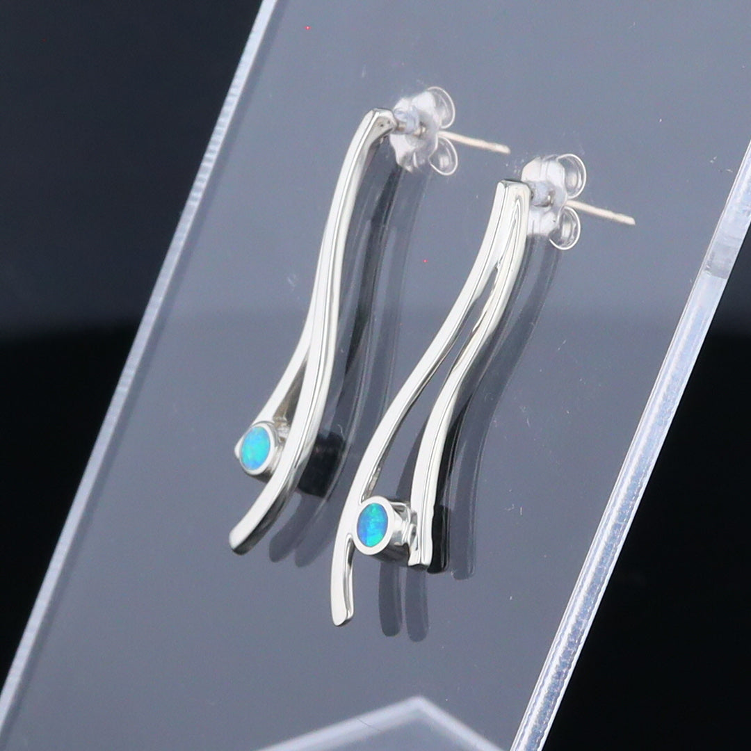 Opal Earrings Round Inlaid Double Curved Bar Design Studs