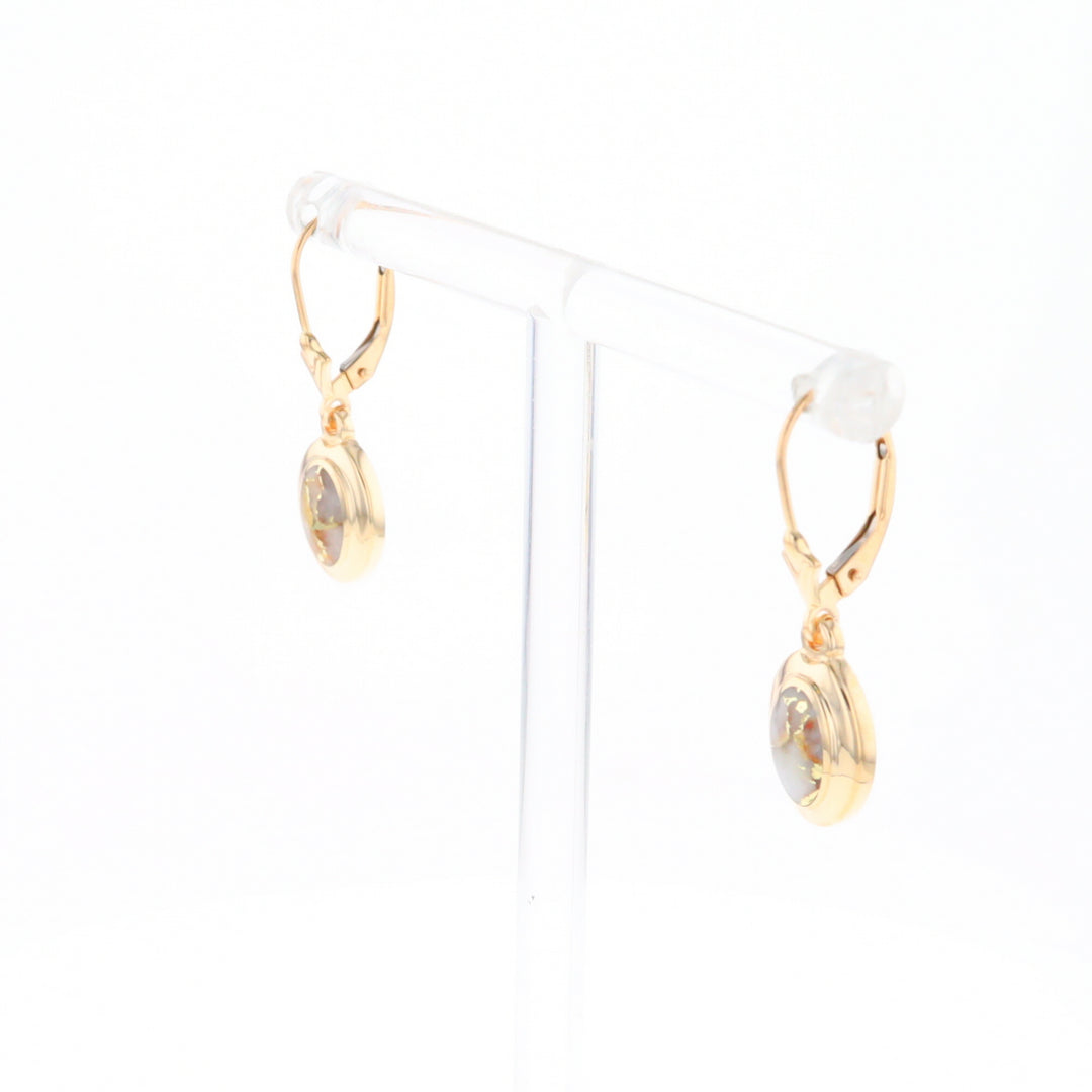 Gold Quartz Earrings Oval Inlaid Design Lever Backs - G2