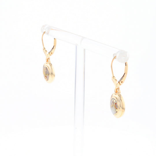 Gold Quartz Earrings Oval Inlaid Design Lever Backs - G2