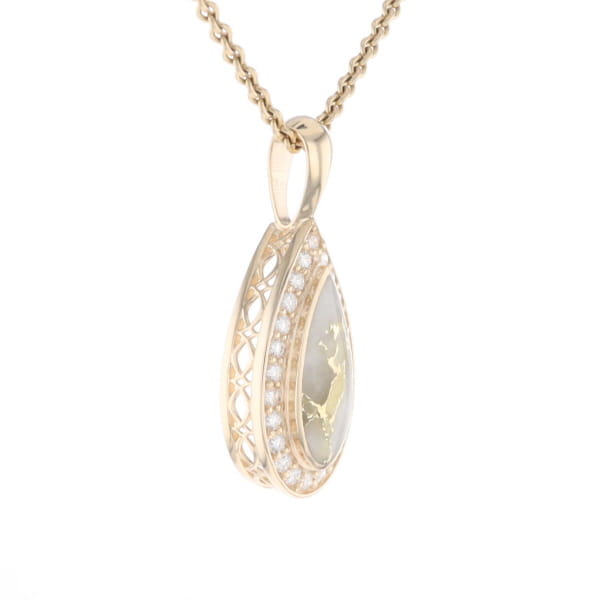 Gold Quartz Pendant Tear Drop Inlaid .42ctw Diamond Halo Design