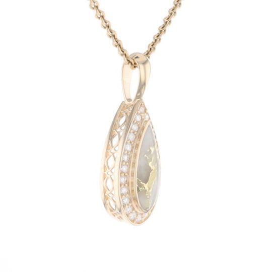 Gold Quartz Pendant Tear Drop Inlaid .42ctw Diamond Halo Design