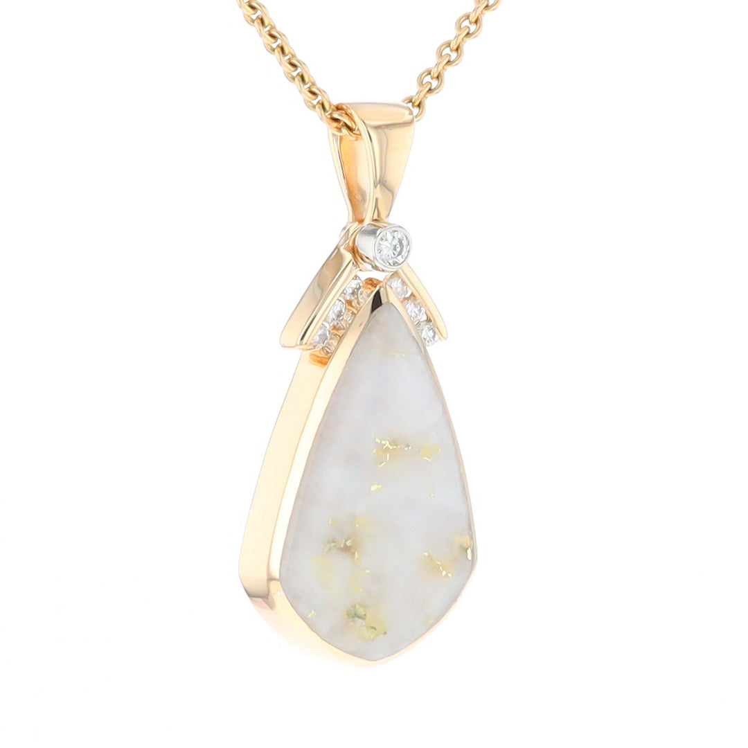 Gold Quartz Necklace Pear Shape Inlaid Pendant with .15ctw Diamonds