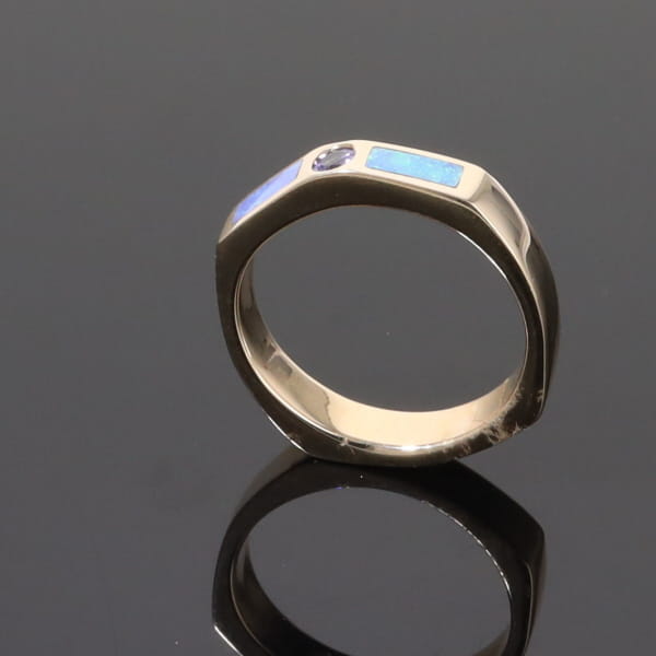 Opal Rings 2 Section Inlaid Design with Round Tanzanite