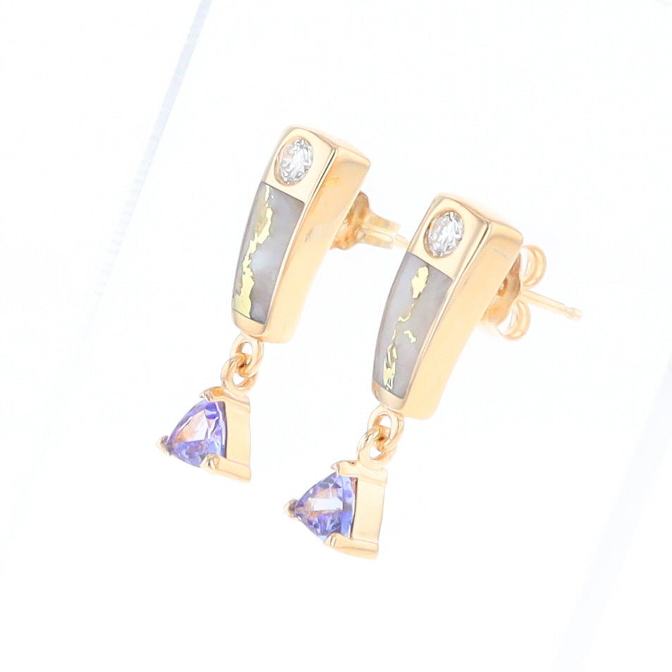 Gold Quartz Earrings Rectangle Inlaid Design with 0.11ct Diamonds & Trillion Cut Tanzanite