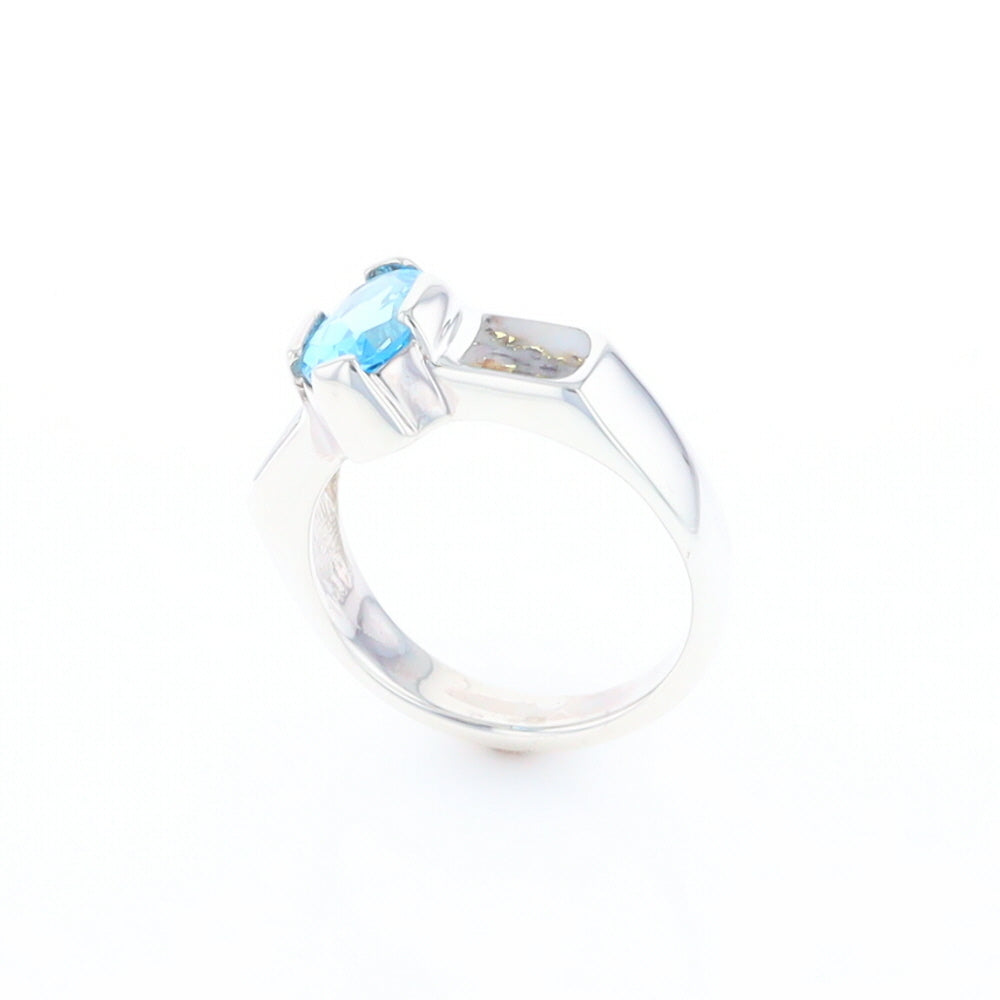 Sterling Silver Gold Quartz Inlaid Oval Blue Topaz Ring - G3