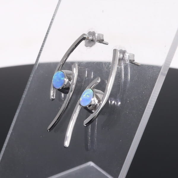 Opal Earrings Round Inlaid Double Curved Bar Design Studs