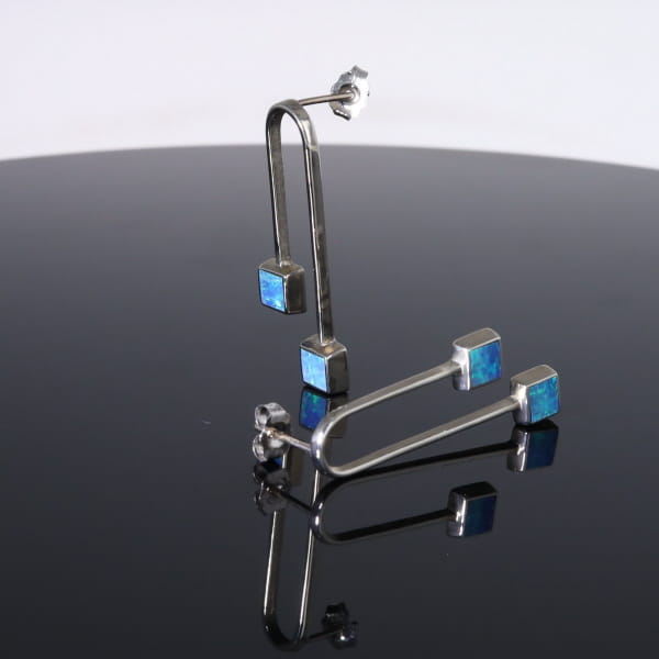 Opal Earrings Curved Bar Double Square Inlaid Ends Design Studs