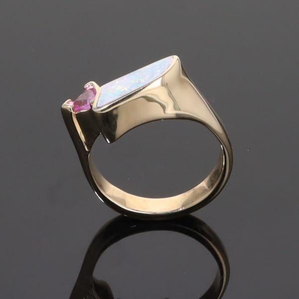 Opal Rings Geometric Inlaid with Pink Sapphire and .08ctw Diamonds