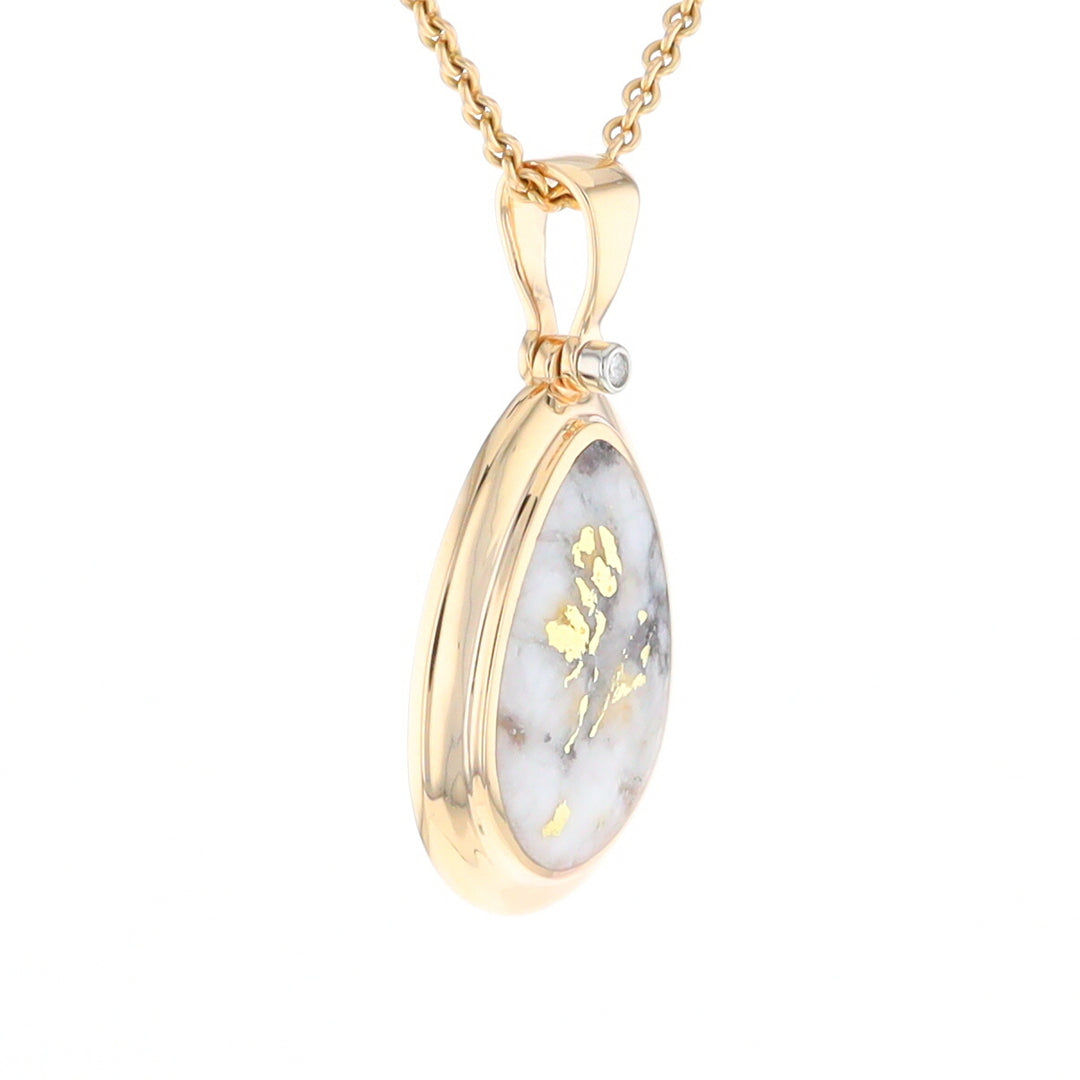 Gold Quartz Necklace Pear Shape Inlaid Pendant with .02ct Diamond