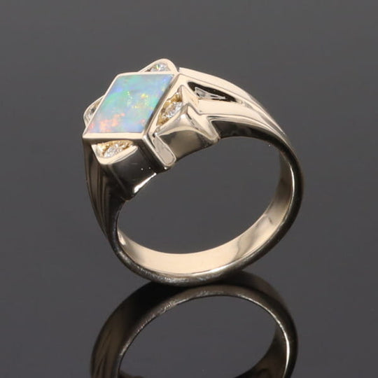 Natural Australian Opal ring diamond shape inlaid design with .16ctw round diamonds