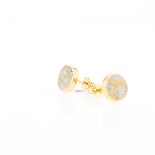 Gold Quartz Earrings 9mm Round Inlaid Studs - G2