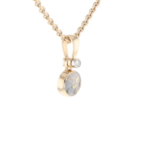 Gold Quartz Necklace Round Inlaid Pendant with .02ct Round Diamond