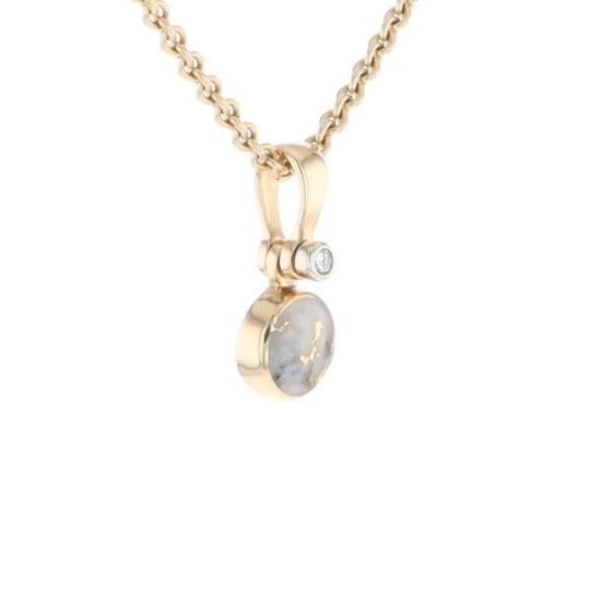 Gold Quartz Necklace Round Inlaid Pendant with .02ct Round Diamond