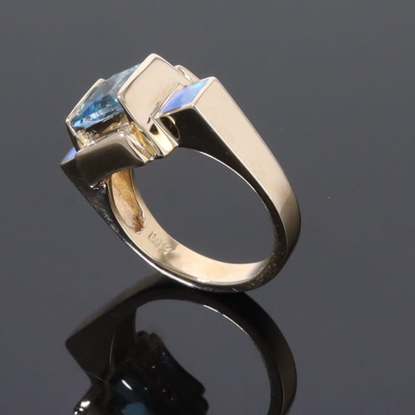 Opal Rings Inlaid Sides Swiss Blue Topaz Center with .24ctw Diamonds