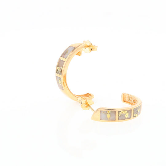 Gold Quartz Hoop Earrings 3 Section Inlaid Design