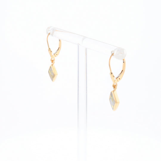 Gold Quartz Earrings Diamond Shape Inlaid Lever Backs G1