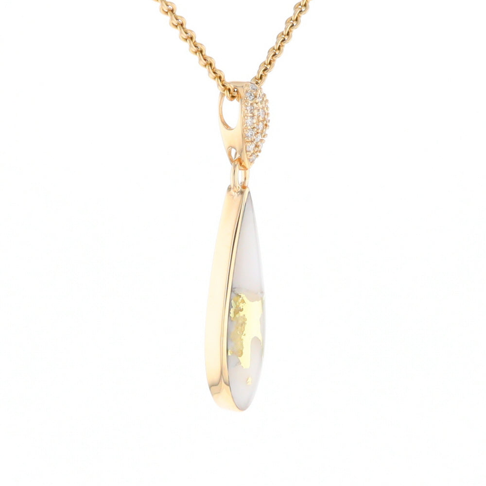 Gold Quartz Necklace, Tear Drop Inlaid Design with 0.11ctw Diamond Pave Pendant G2