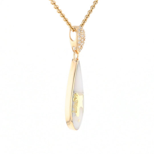 Gold Quartz Necklace, Tear Drop Inlaid Design with 0.11ctw Diamond Pave Pendant G2