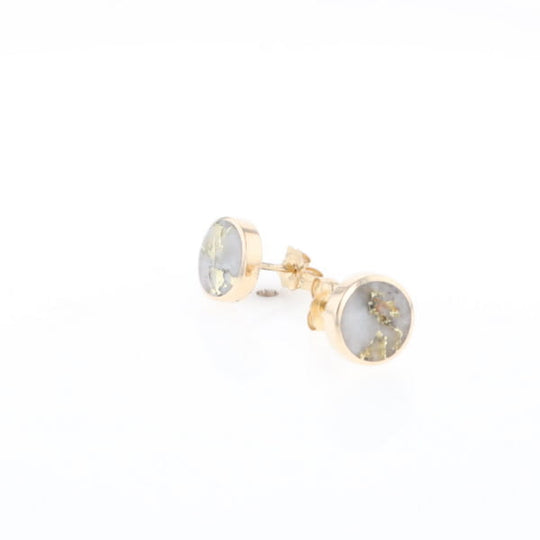 Gold Quartz Earrings 9mm Round Inlaid Studs - G2
